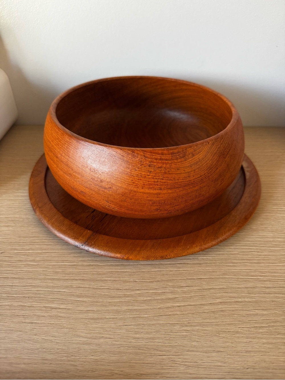 Round Teak Wooden Bowl with Matching Tray - Warm Brown